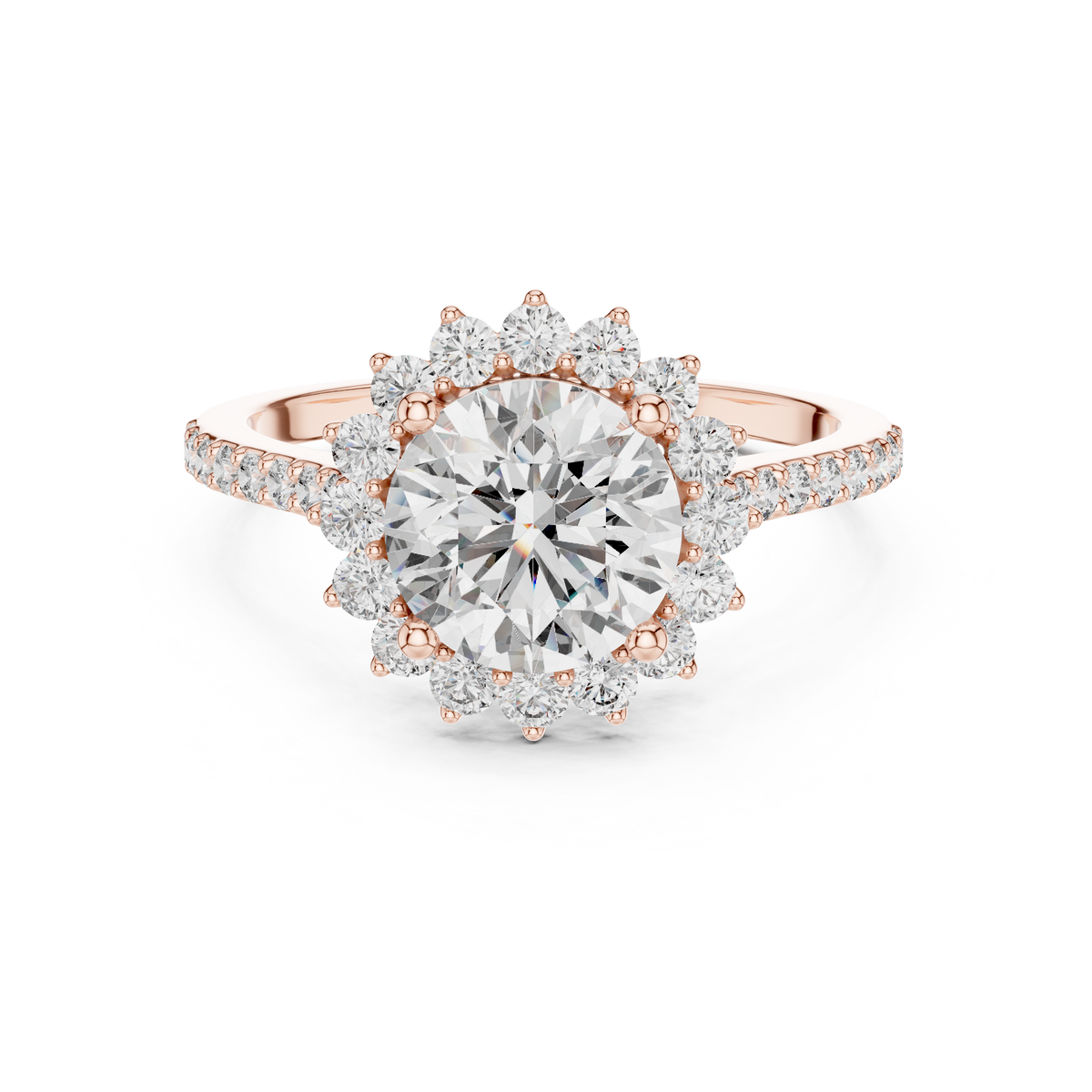 Rose gold 1.5 CT lab grown diamond round cut cluster halo ring, front view