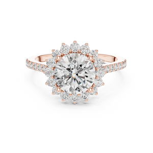 Rose gold 1.5 CT lab grown diamond round cut cluster halo ring, front view