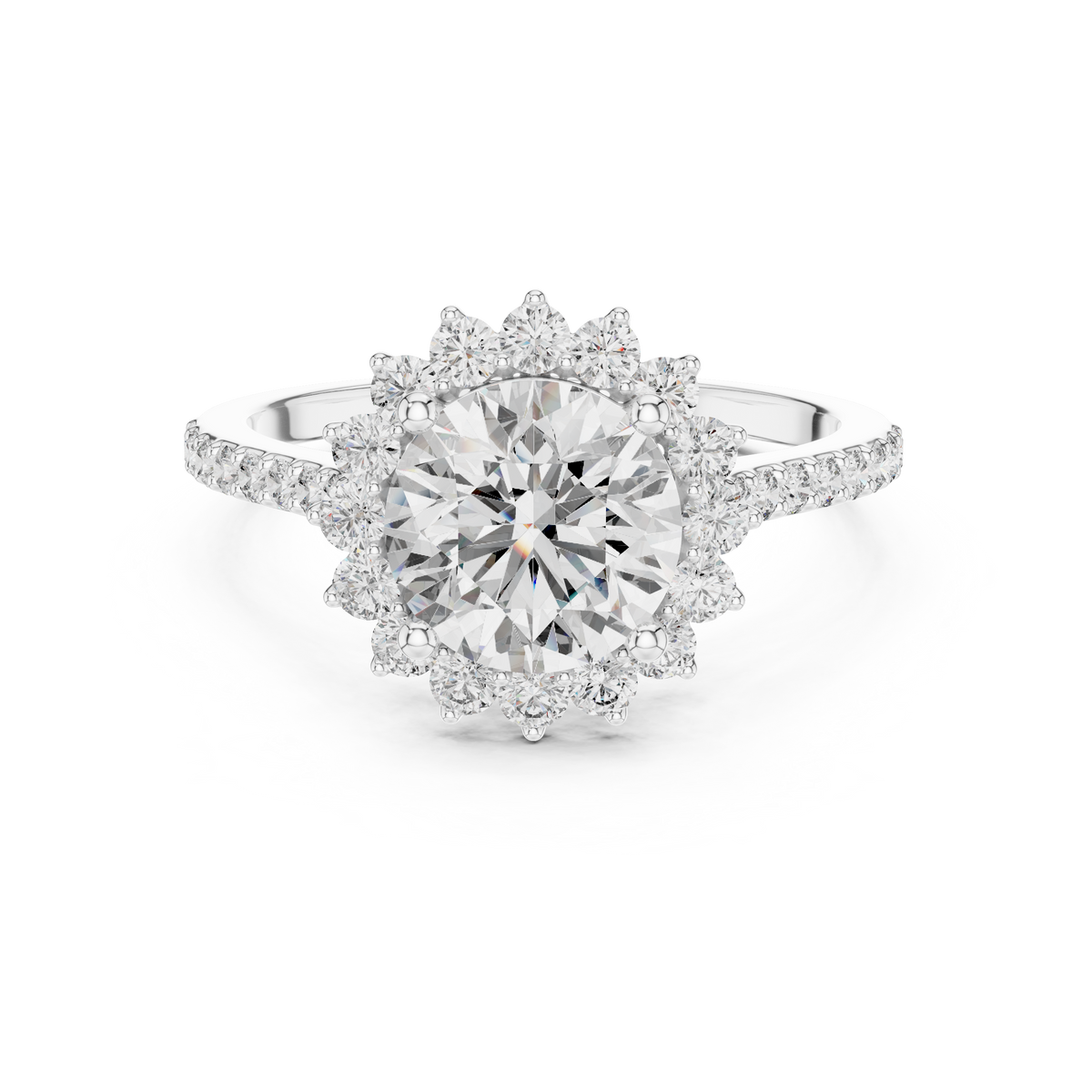 White gold 1.5 CT lab grown diamond round cut cluster halo ring, front view