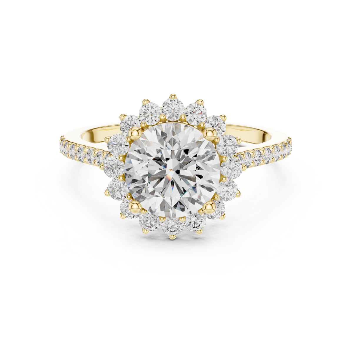 Yellow gold 1.5 CT lab grown diamond round cut cluster halo ring, front view