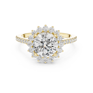 Yellow gold 1.5 CT lab grown diamond round cut cluster halo ring, front view