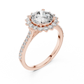 Rose gold lab grown diamond round cut cluster halo ring, angled view