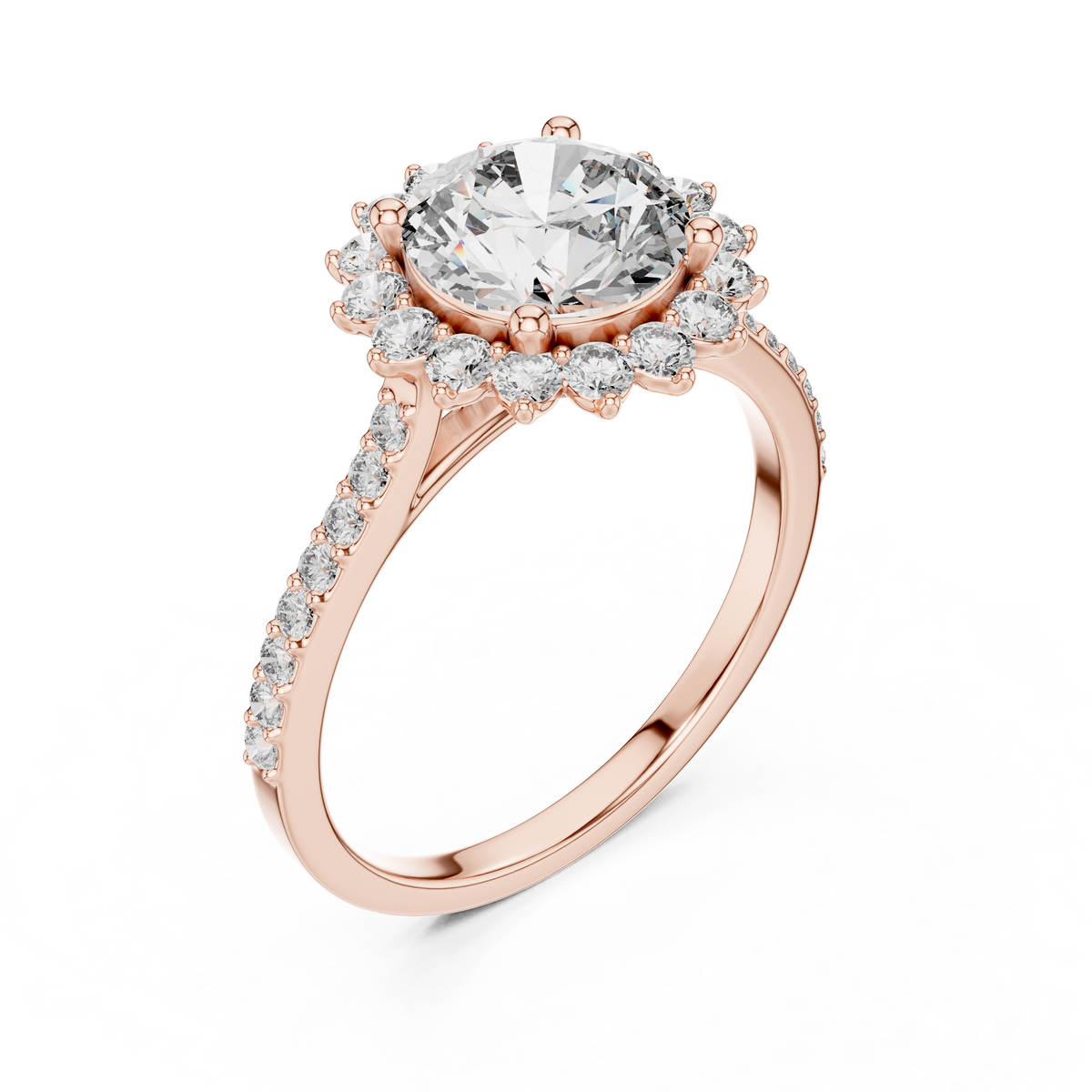 Rose gold lab grown diamond round cut cluster halo ring, angled view