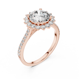 Rose gold lab grown diamond round cut cluster halo ring, angled view