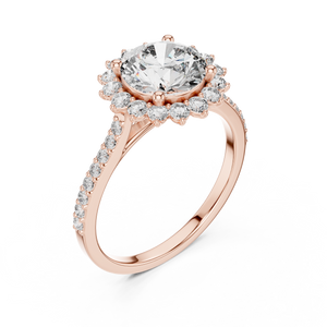 Rose gold lab grown diamond round cut cluster halo ring, angled view