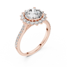 Rose gold lab grown diamond round cut cluster halo ring, angled view