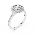 White gold lab grown diamond round cut cluster halo ring, angled view