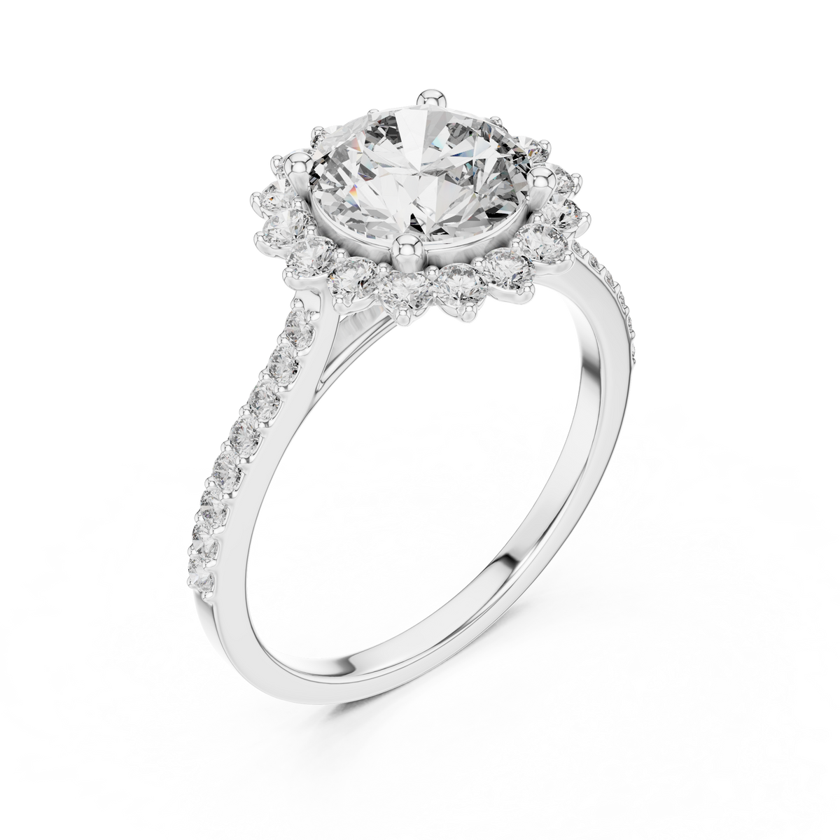 White gold lab grown diamond round cut cluster halo ring, angled view