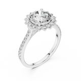 White gold lab grown diamond round cut cluster halo ring, angled view