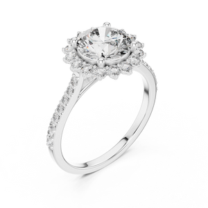White gold lab grown diamond round cut cluster halo ring, angled view