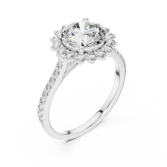 White gold lab grown diamond round cut cluster halo ring, angled view