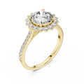 Yellow gold lab grown diamond round cut cluster halo ring, angled view