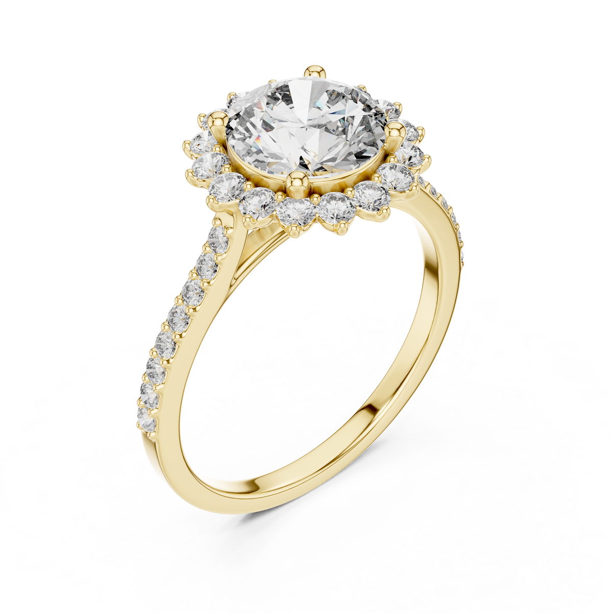 Yellow gold lab grown diamond round cut cluster halo ring, angled view