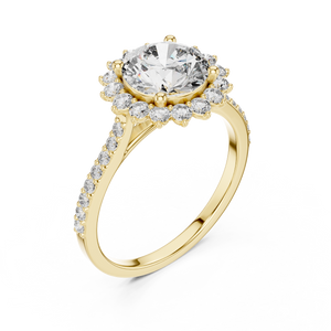 Yellow gold lab grown diamond round cut cluster halo ring, angled view
