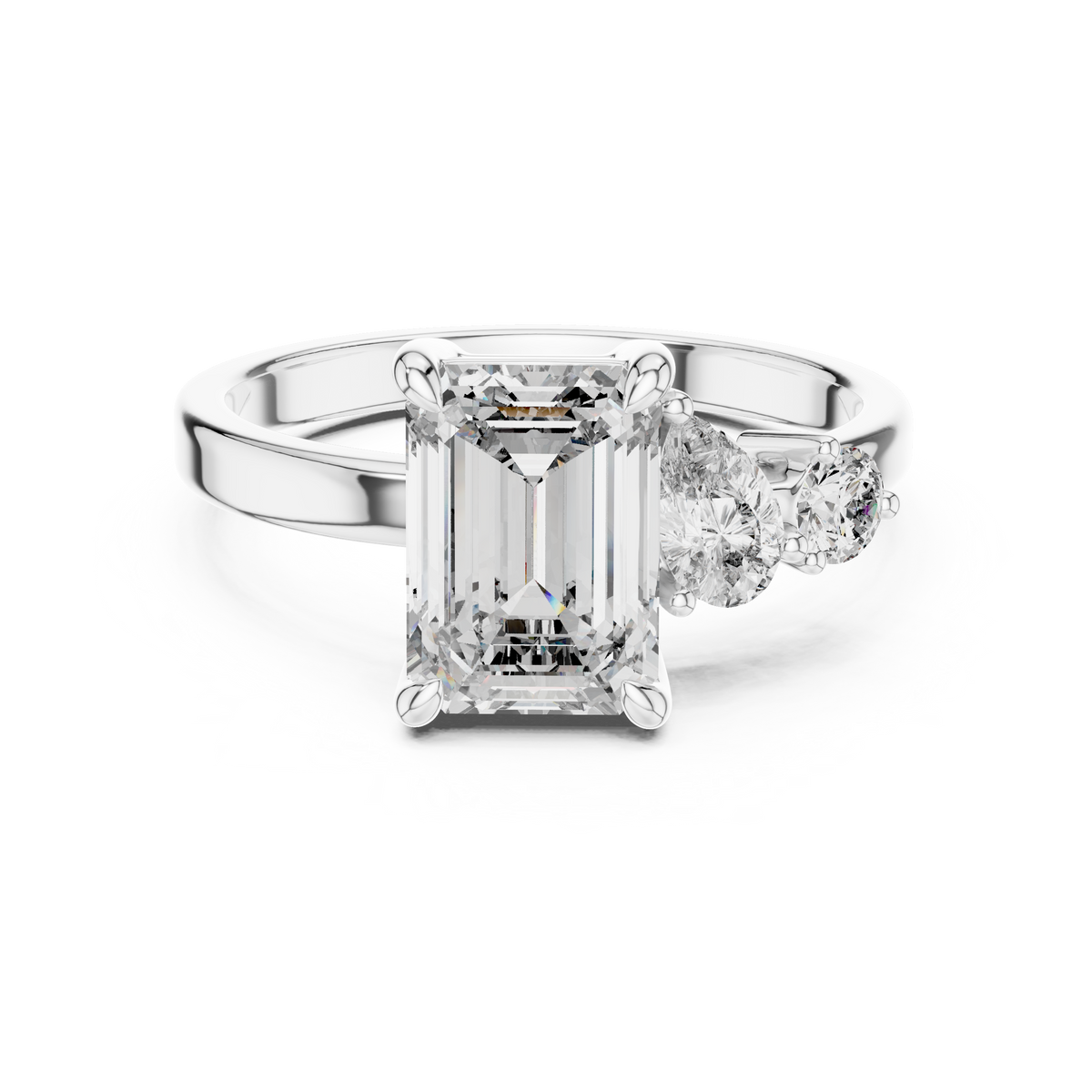 White gold 2 CT lab grown diamond emerald cut ring with asymmetric accents, front view — Luzora Jewels