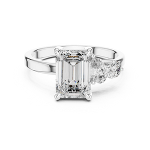 White gold 2 CT lab grown diamond emerald cut ring with asymmetric accents, front view — Luzora Jewels