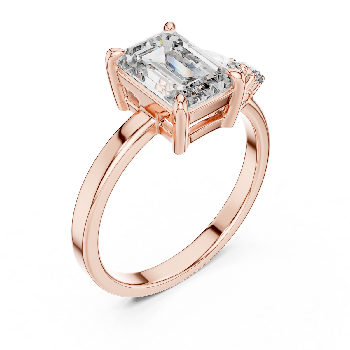 Yellow gold 2 CT lab grown diamond emerald cut ring with asymmetric accents, front view — Luzora Jewels