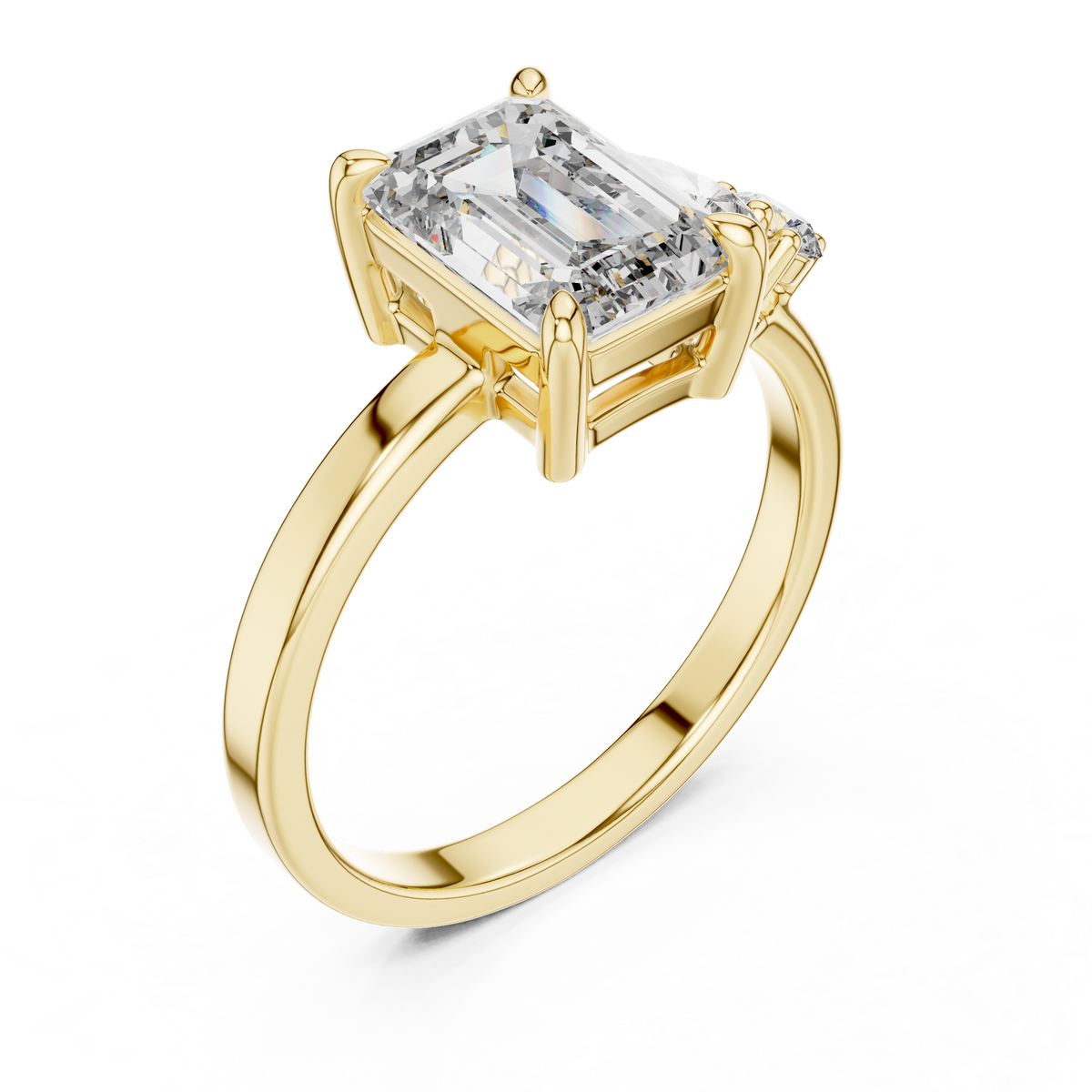 Yellow gold lab grown diamond emerald cut ring with asymmetric accents, angled view — Luzora Jewels