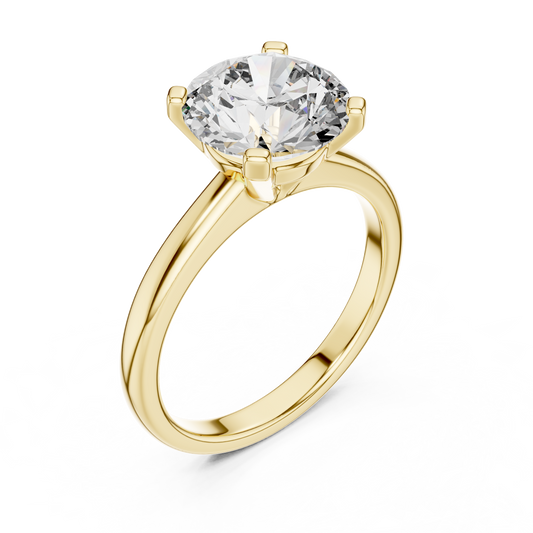 Yellow gold lab grown diamond round cut double-prong solitaire ring, angled view — Luzora Jewels