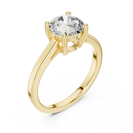 Yellow gold lab grown diamond round cut double-prong solitaire ring, angled view — Luzora Jewels