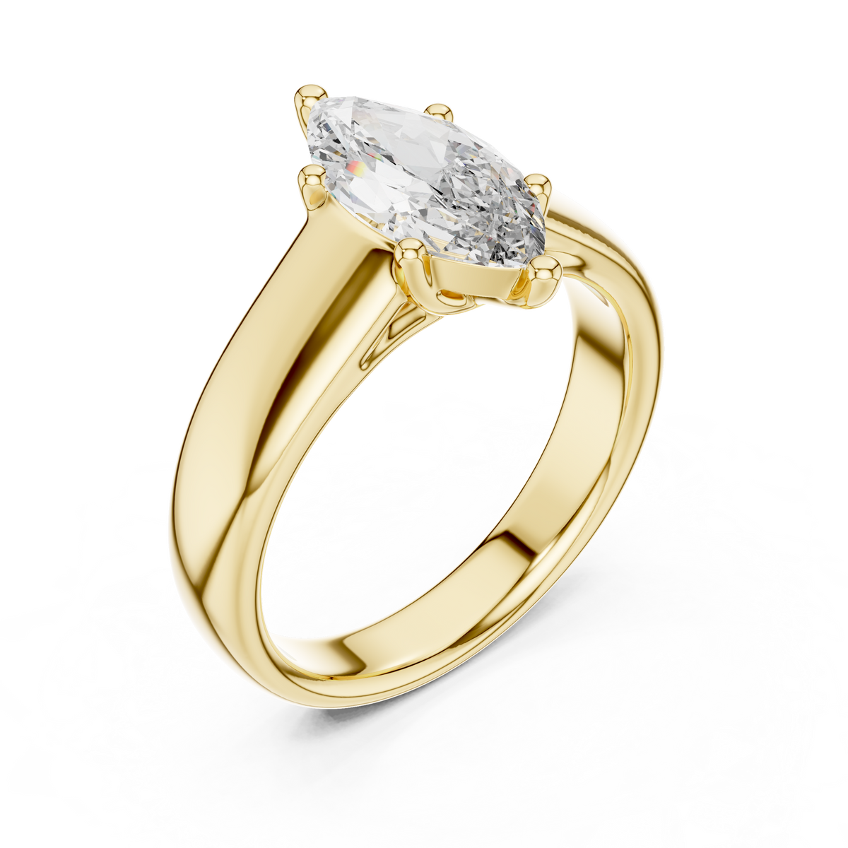 Yellow gold lab grown diamond marquise cut solitaire ring, angled view — Luzora Jewels