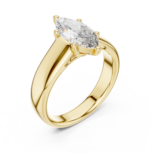 Yellow gold lab grown diamond marquise cut solitaire ring, angled view — Luzora Jewels
