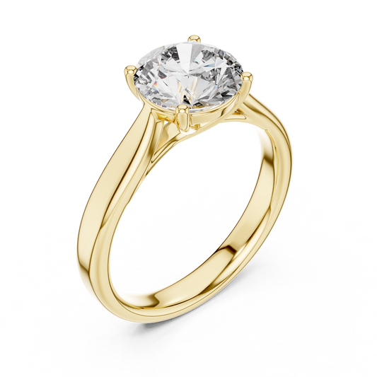 Yellow gold lab grown diamond round cut cathedral solitaire ring, angled view — Luzora Jewels
