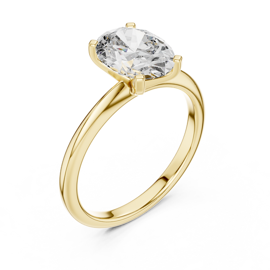 Yellow gold lab grown diamond oval cut solitaire ring, angled view — Luzora Jewels
