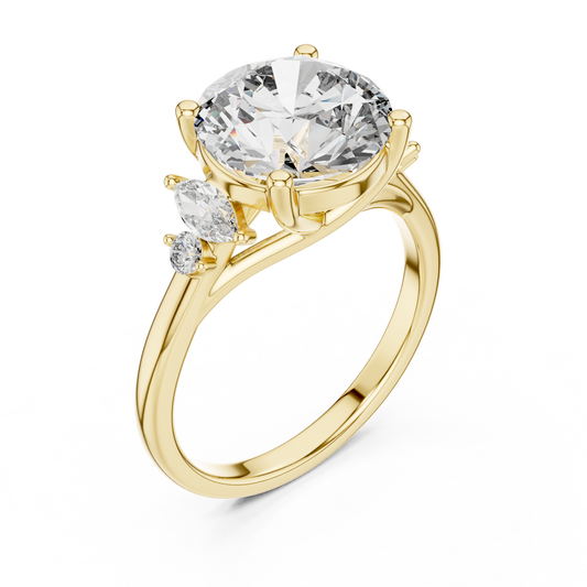 Yellow gold lab grown diamond round cut ring with marquise accents, angled view — Luzora Jewels