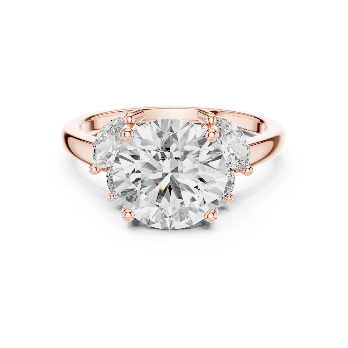 Rose gold lab grown diamond round cut ring with marquise accents, angled view — Luzora Jewels