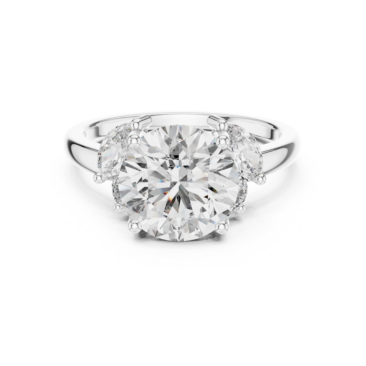 White gold 3 CT lab grown diamond round cut ring with marquise accents, front view — Luzora Jewels