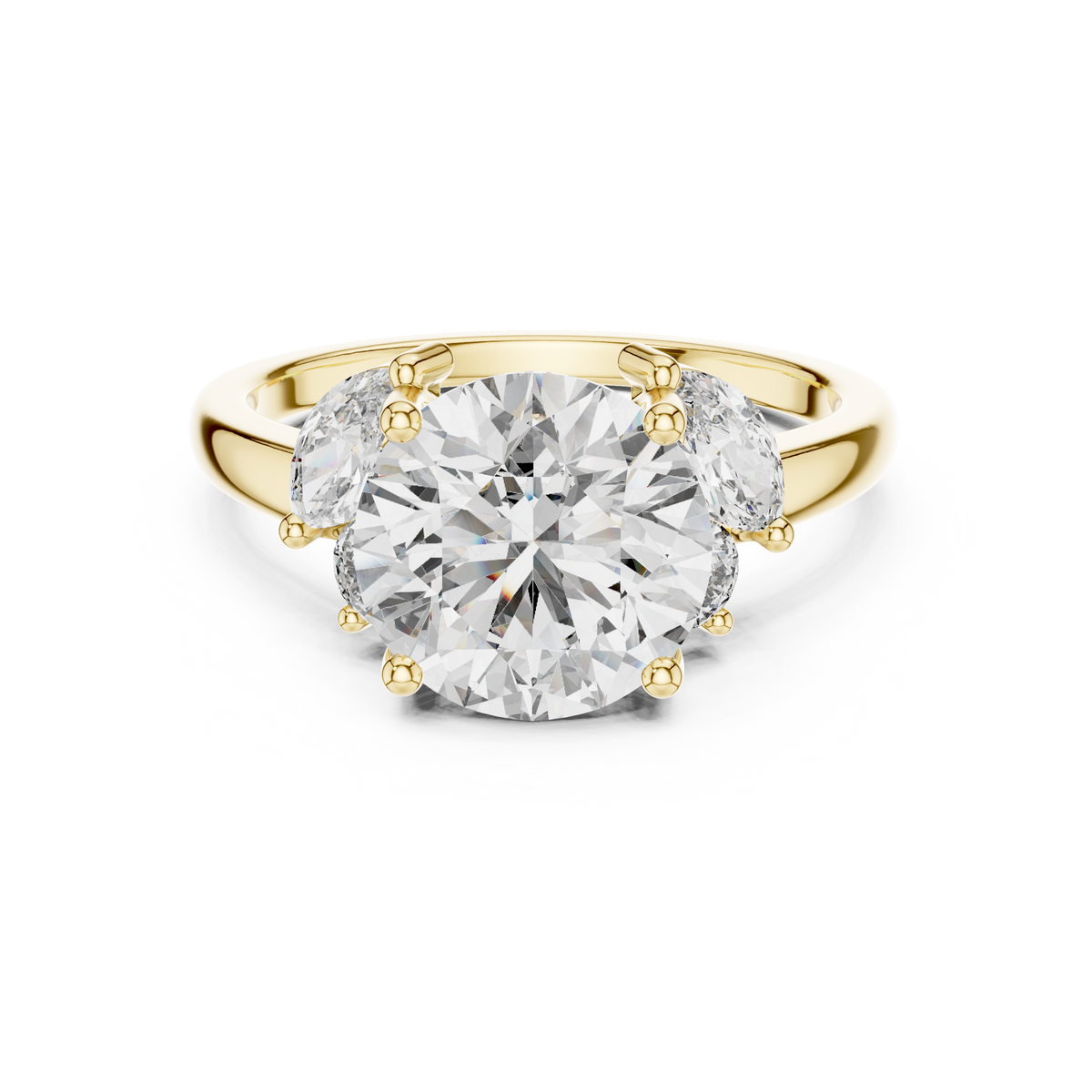 White gold lab grown diamond round cut ring with marquise accents, angled view — Luzora Jewels
