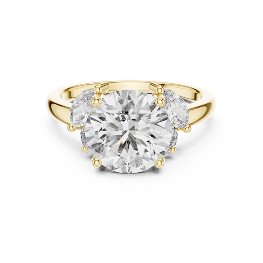 White gold lab grown diamond round cut ring with marquise accents, angled view — Luzora Jewels