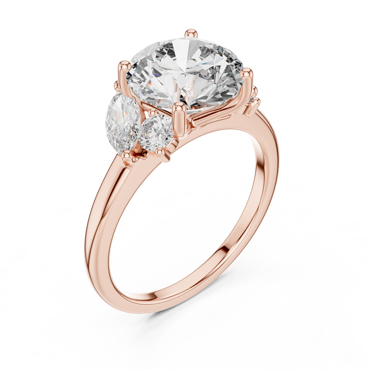 Yellow gold 3 CT lab grown diamond round cut ring with marquise accents, front view — Luzora Jewels