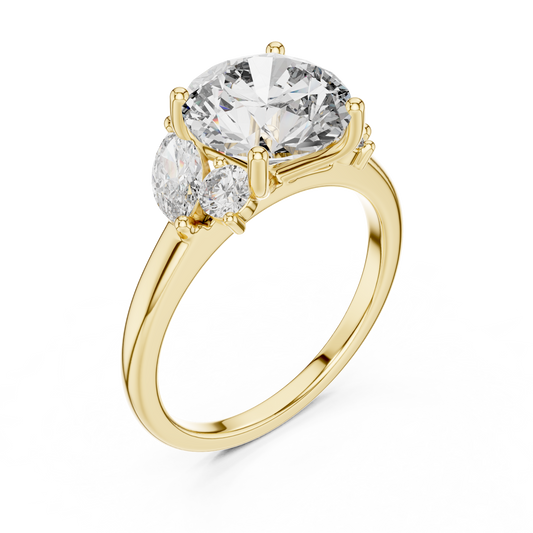 Yellow gold lab grown diamond round cut ring with marquise accents, angled view — Luzora Jewels