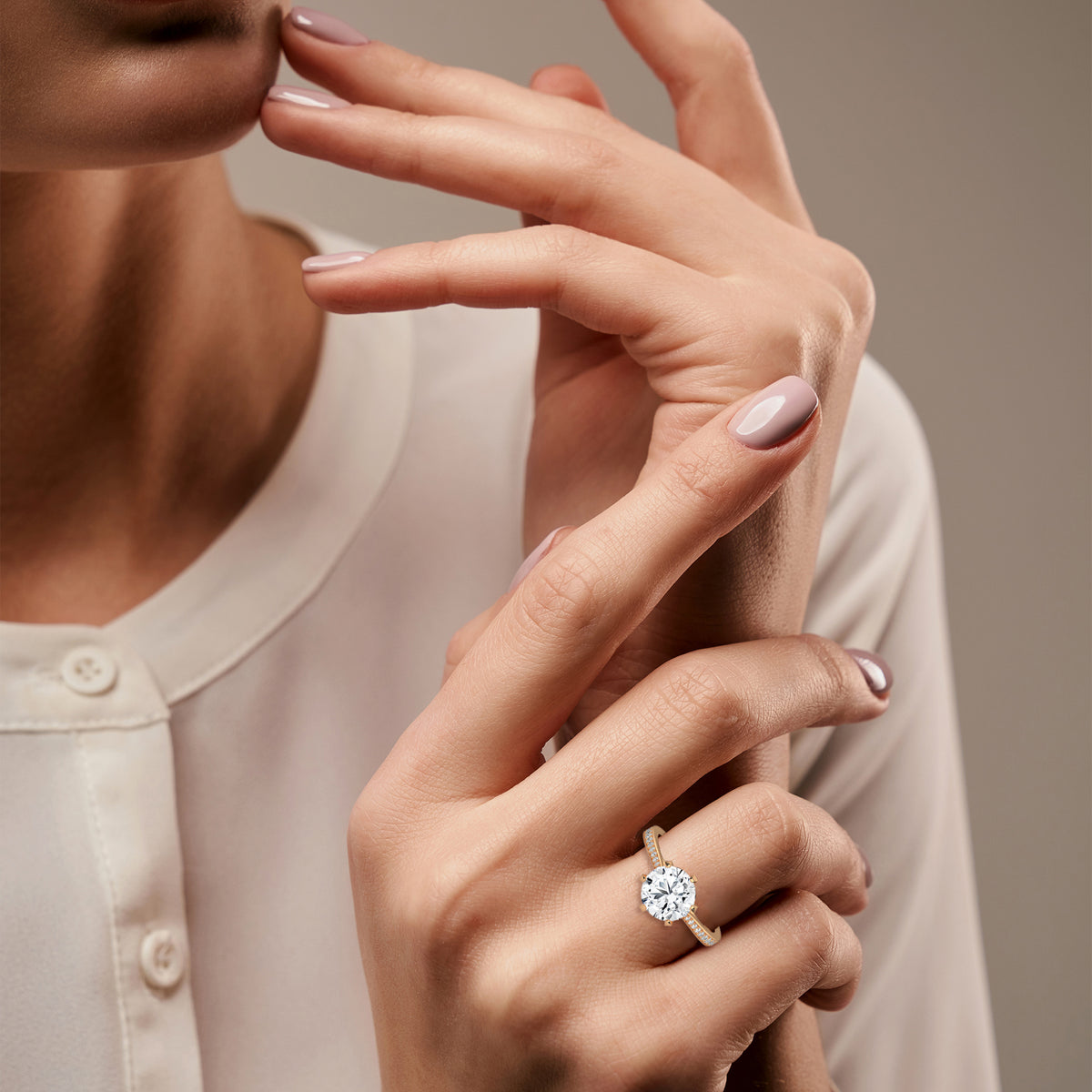 2 Carat Round Cut Lab Created Diamond Six-Prong Pavé Band Engagement Ring – Side View | Luzora Jewels