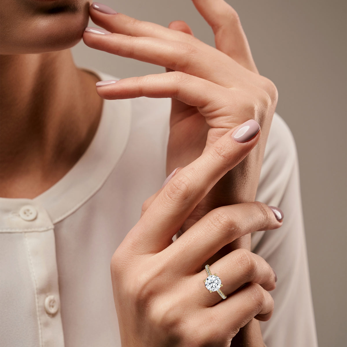 2 Carat Round Cut Lab Created Diamond French Pavé Band Engagement Ring – Side View | Luzora Jewels