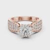 Close-up 360-degree video of a rose gold split shank engagement ring featuring a round 1.00 CT lab-grown diamond center stone and pavé-set diamond accents.