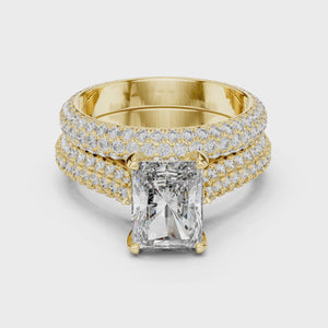 2.5 CT Radiant Cut Lab Grown Diamond Wide Pave Band Engagement Ring in yellow gold — 360 spin video by Luzora Jewels