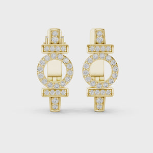 Video of yellow gold lab grown diamond art deco circle huggie earrings