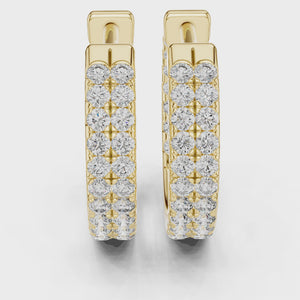 Video of yellow gold lab grown diamond two row pave huggie hoop earrings