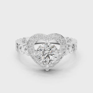 1.32 CTW round lab-grown diamond engagement ring with a heart-shaped halo and open-heart band