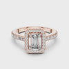 Video showcasing rose gold emerald cut engagement ring with halo and pave band