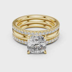 360 degree video of 3 CTW cushion cut lab grown diamond bridal set