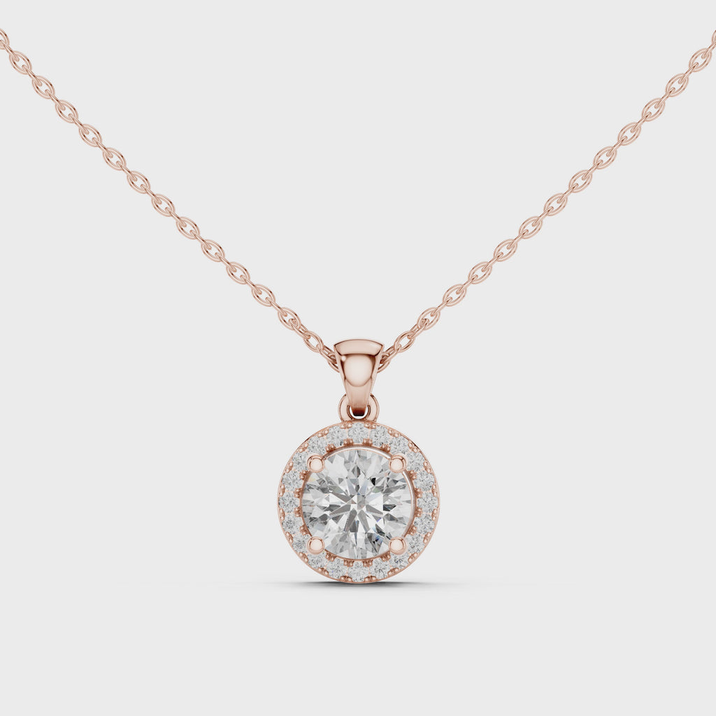 Video of rose gold round solitaire lab-grown diamond halo pendant