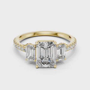 360 degree video of 1.75 CT emerald cut three stone lab grown diamond ring