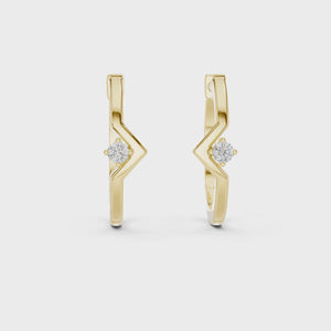 Video of yellow gold chevron solitaire lab grown diamond huggie earrings