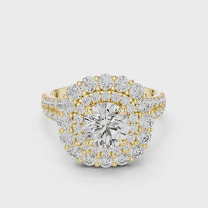 1 CT Round Double Halo Lab Grown Diamond Engagement Ring in yellow gold — 360 spin video by Luzora Jewels