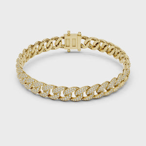 Video of yellow gold pave cuban link lab grown diamond bracelet