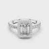 Video showcasing white gold emerald cut engagement ring with halo and pave band